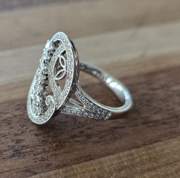 Simon G. 18k White Gold Diamond Oval Shaped Ring With Filigree Totaling 0.74ctw - Picture 2 of 14